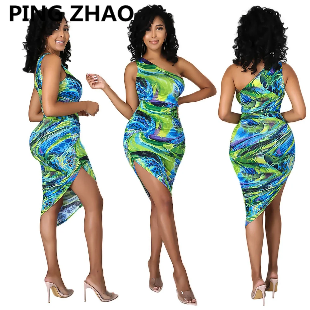 

PING ZHAO Women Mini Dress Print One Shoulder Sleeveless Asymmetrical Bodycon Dresses Sexy Outfit Summer