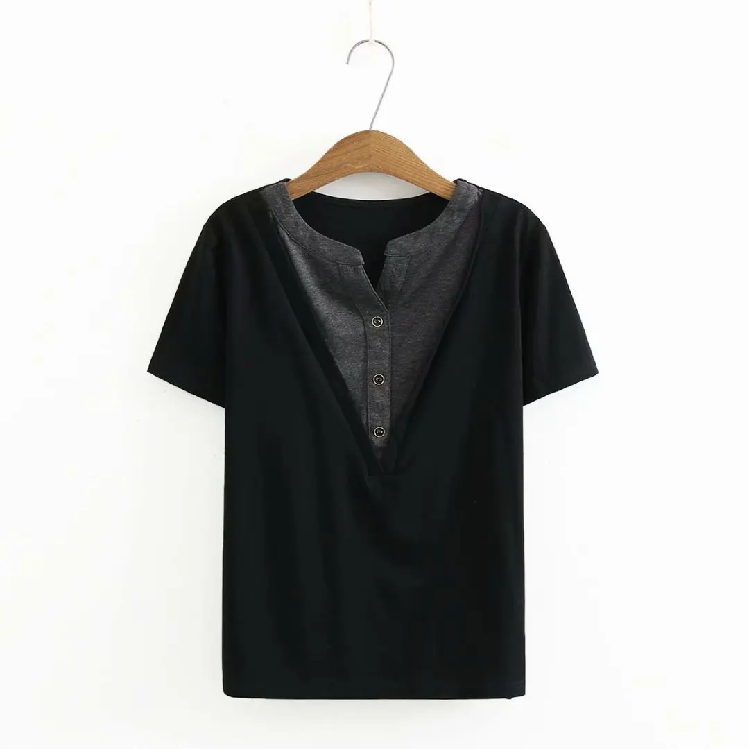 

Plus size cotton V-neck patchwork women summer loose t shirt 2021 ladies short sleeve button tee shirts femme t-shirts