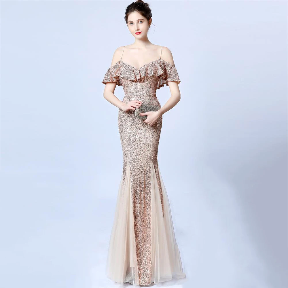 Женское вечернее платье с листьями лотоса длинное платье-Русалка блестками для