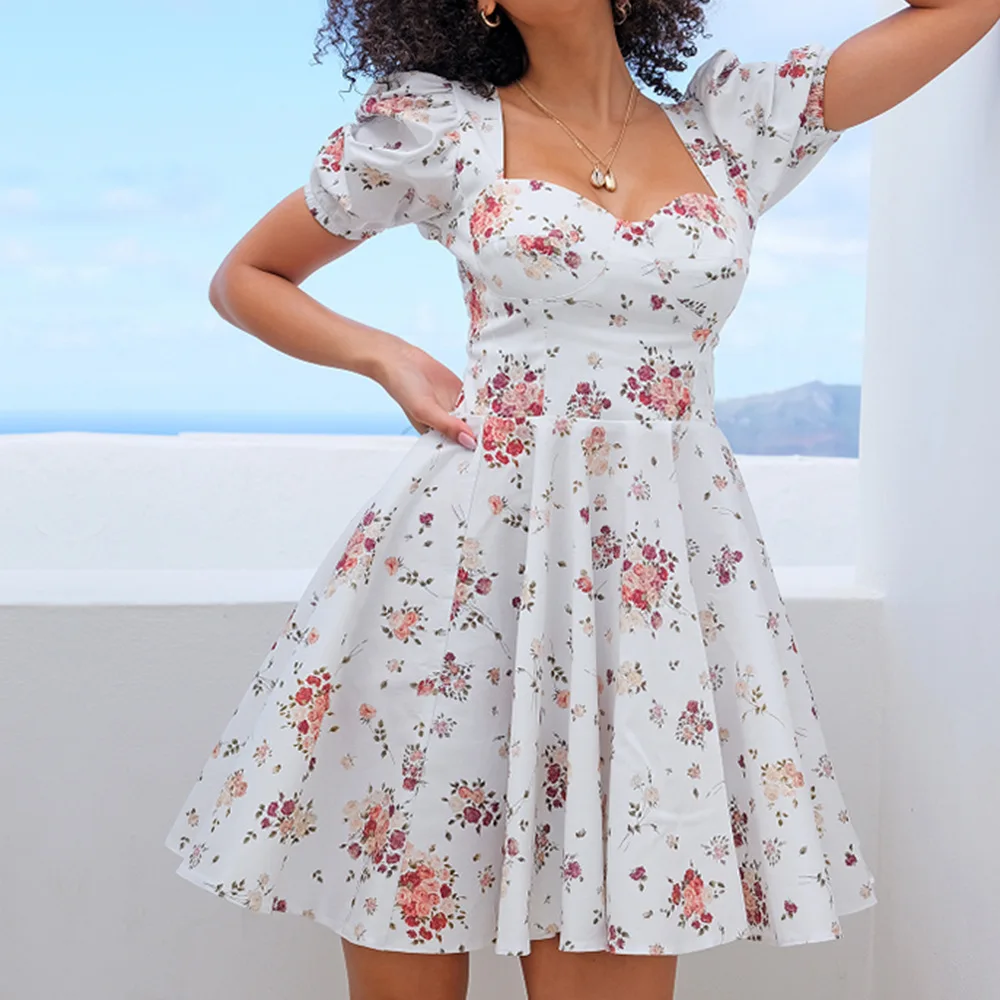 

2021 New Summer Sexy Square Collar White Printing Mini Dress Woman Puff Sleeve High Waist Party Holiday A-Line Dress