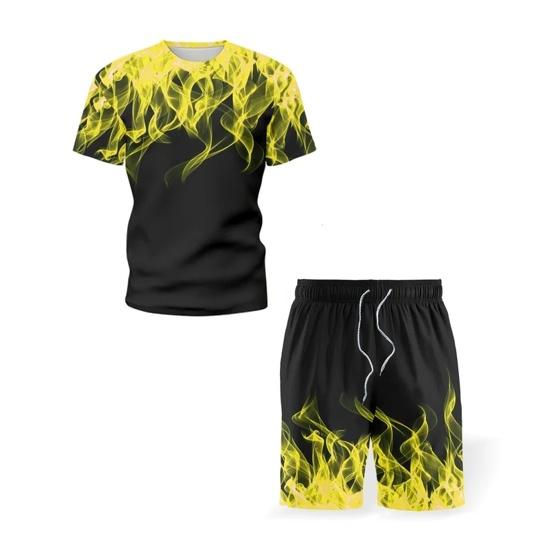 

Sports flame suit men's summer short-sleeved T-shirt men's running short loose casual sports suit Vintage clothing Large size