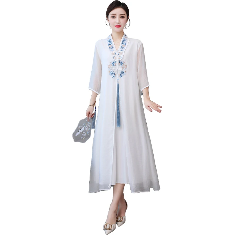 

COIGARSAM Chinese Style Women dress National Wind Cheongsam Vintage Dresses White Yellow 910