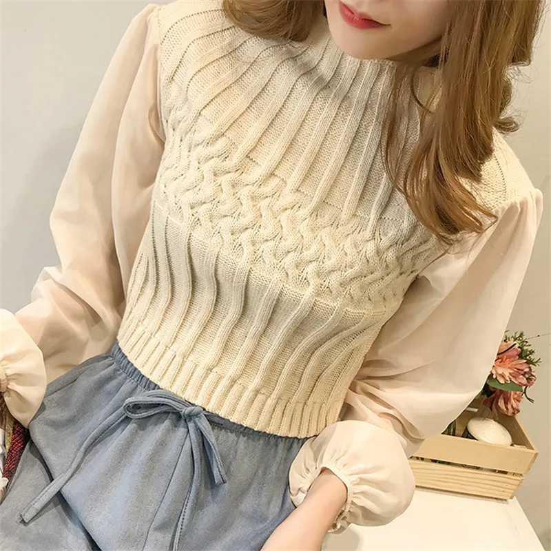 Женский трикотажный пуловер MUMUZI хлопковый лоскутный свитер с сеточкой и длинным