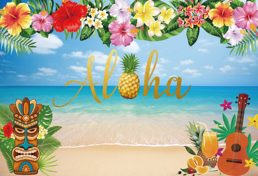Summer Aloha Luau Backdrop Suitable For Tropical Hawaiian Beach Tiki Bar Mask Party Photo Background Banner Decortion