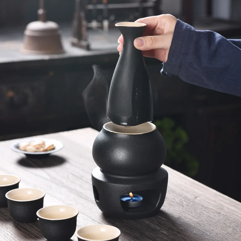 Juego de Sake de cer&aacute;mica con calentador, incluye 1 botella de Sake, 4 tazas de Sake, 1 taza m&aacute;s caliente, 1 vela, estufa de calefacci&oacute;n-5