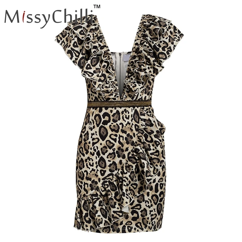 Leopard print Женское платье MissyChilli с леопардовым принтом и глубоким v-образным вырезом, без рукавов, сексуальное короткое платье для вечеринки, элегантное вечернее платье, vestido de fiesta - Цвет: Leopard print