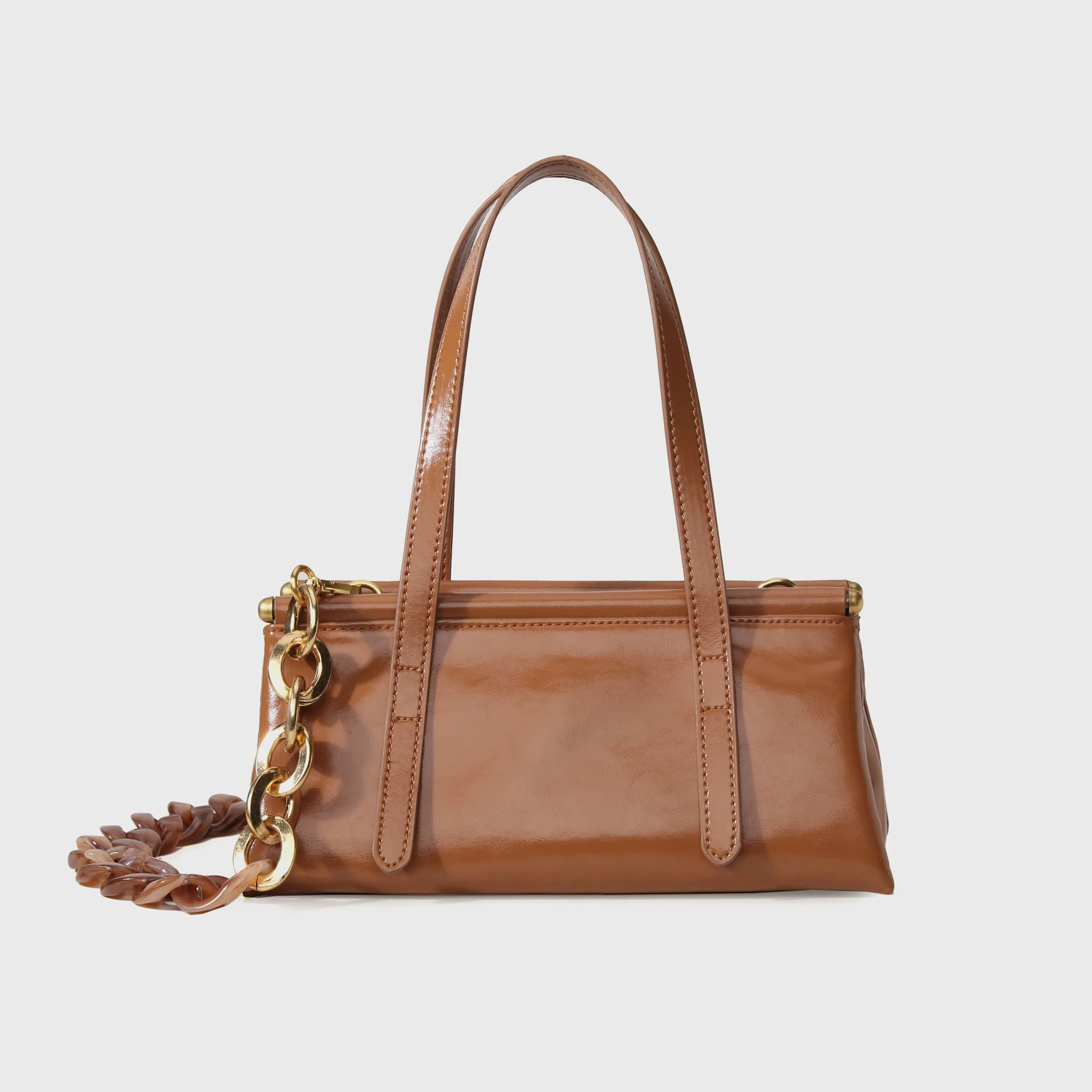 

FIRMRANCH Korea High Quality Bright Oil Wax Leather Acrylic Chain Design Women's Shoulder Bag Tote Handbag Cowhide Pouch Purse