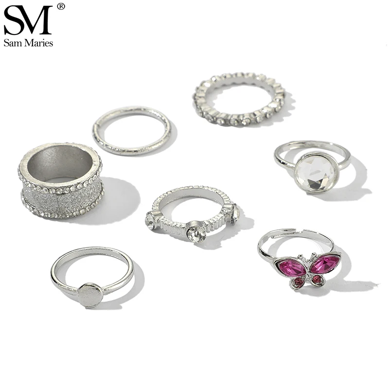6 шт. набор колец в виде бабочки с кристаллами и камнями серебряных для женщин