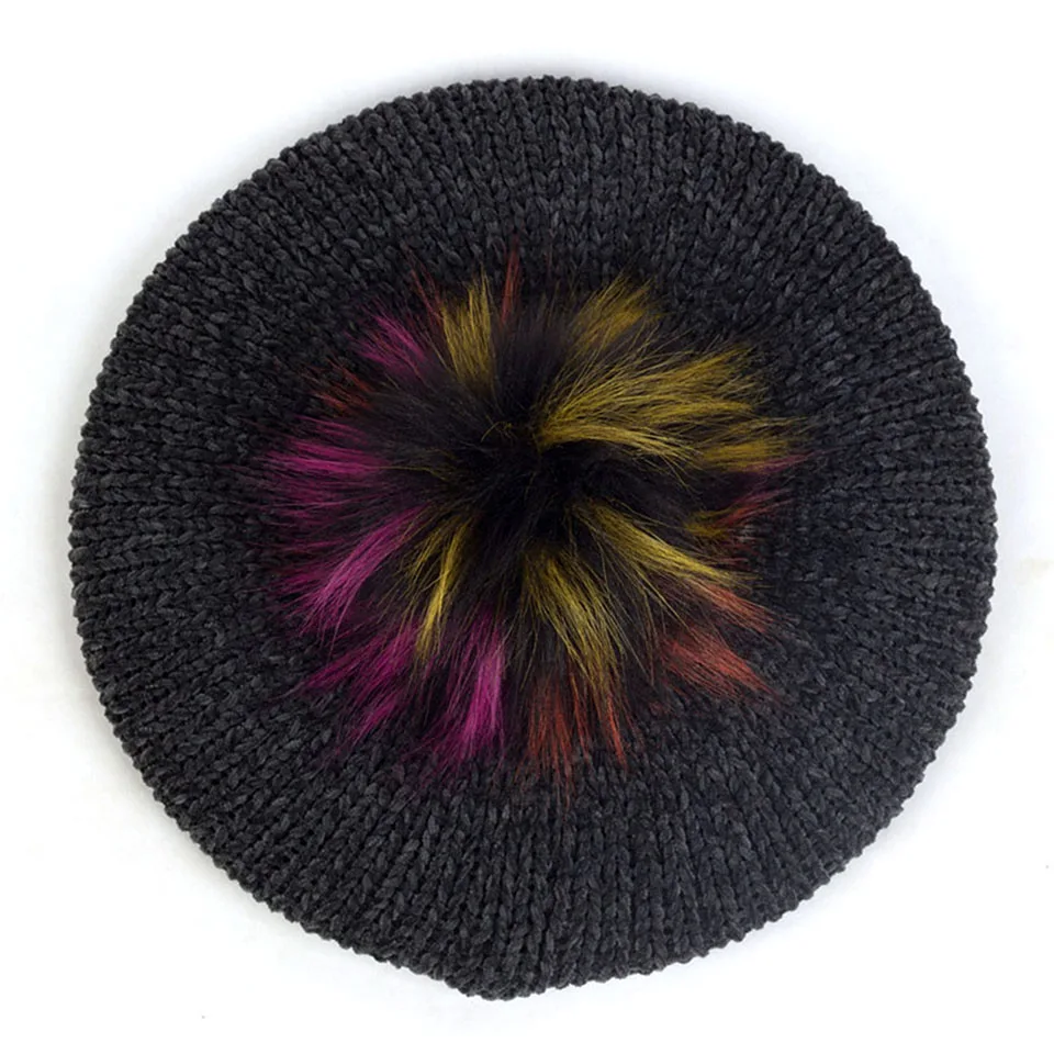 Женские Модные береты с помпон из искуственного меха Pom Chenille мягкие зимние теплые шапки женские французские художники берет шапки для волос Повседневная шапка