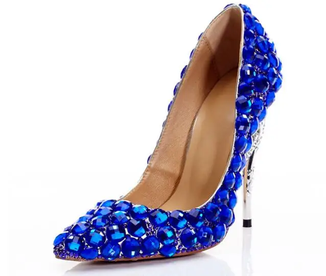 Женские туфли из натуральной кожи синие вечерние Фли-лодочки с острым носком на