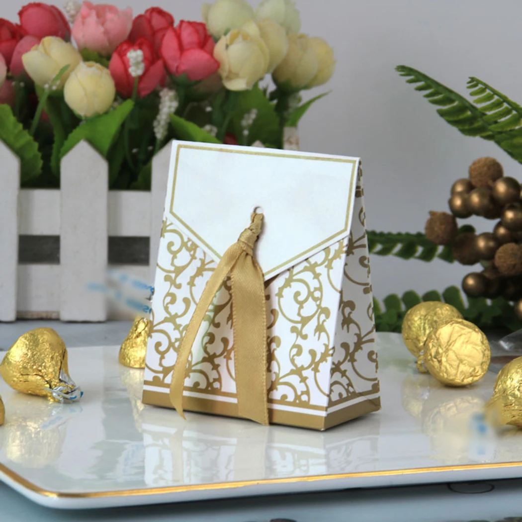 

Sweets Candy box Candy Ribbon Ties 6.7*3.5*8.5cm Paper Gold Silver 50pcs