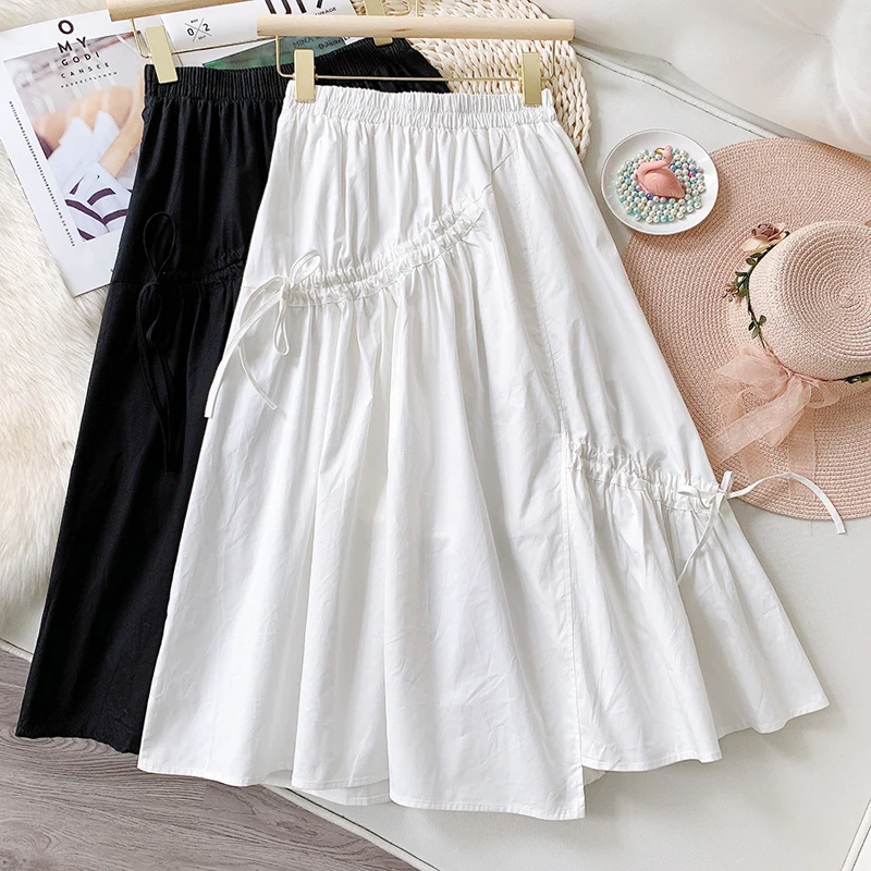 

Wasteheart Summer New Black White Sexy Women Skirt A-Line Cotton Mid-Calf Skirt Clothing Empire Long Skirts Ball Gown