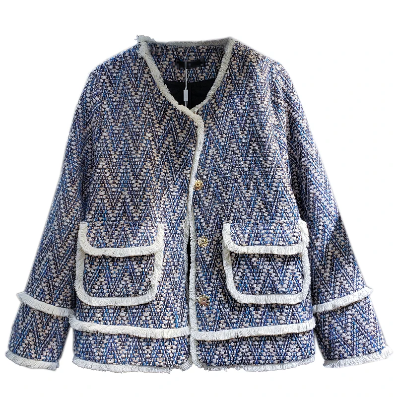 

Women Fashion Short Coat Single Breasted V-Neck Striped Pockets Tassel Tweed Jacket Office Ladies Loose Fit Vintgae Autumn Top