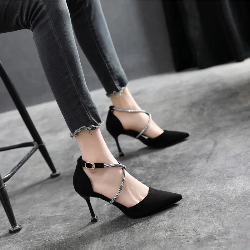 

New High Heels Word Buckle Women's Shoes Small Code Single Shoes Women's Sandals Water Drill Buckle Large Size Recruitment Agent