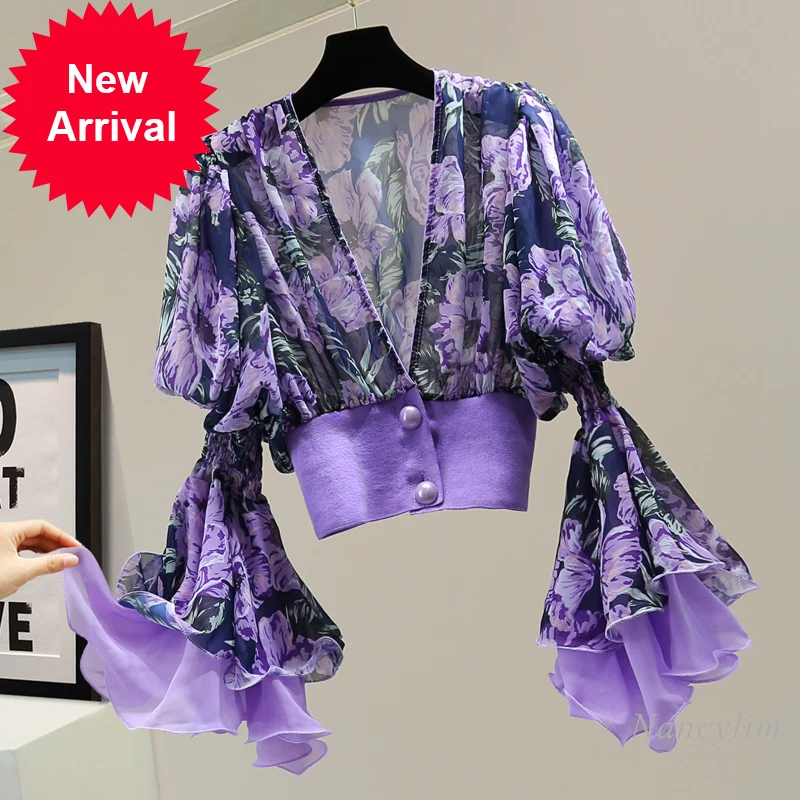 

Retro Printed High Waist Blouses Femme Short Shirt 2021 Summer Korean Style Large V-neck Ruffled Bell Sleeve Chiffon Blusas Top