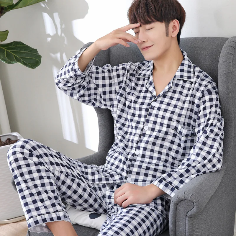 Men Pyjama Set Cotton Spring Long Sleeve Plaid Men Pajama Suit Spring Nightwear Pijama Male Sleepwear Two Piece XXXL