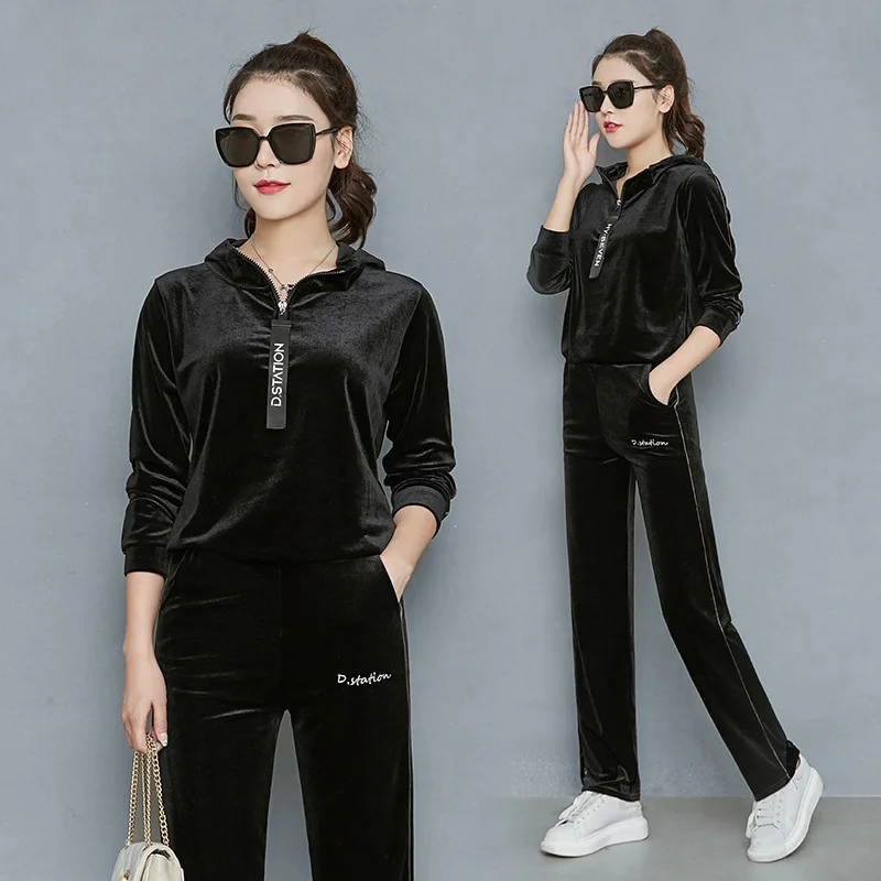 Black wei straight Осенняя и зимняя женская куртка спортивная модная повседневная мягкая велюровая Толстовка комплект из 2 предметов пуловер с длинными рукавами спортивные костюмы - Цвет: Black wei straight