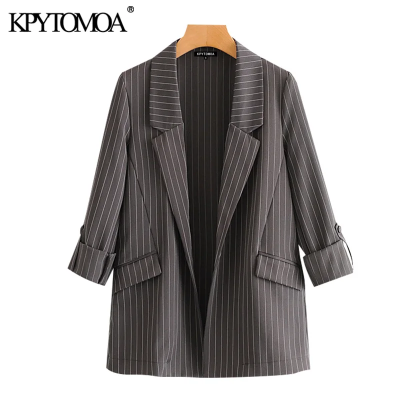 Женский блейзер в полоску KPYTOMOA винтажный с длинными рукавами и карманами верхняя