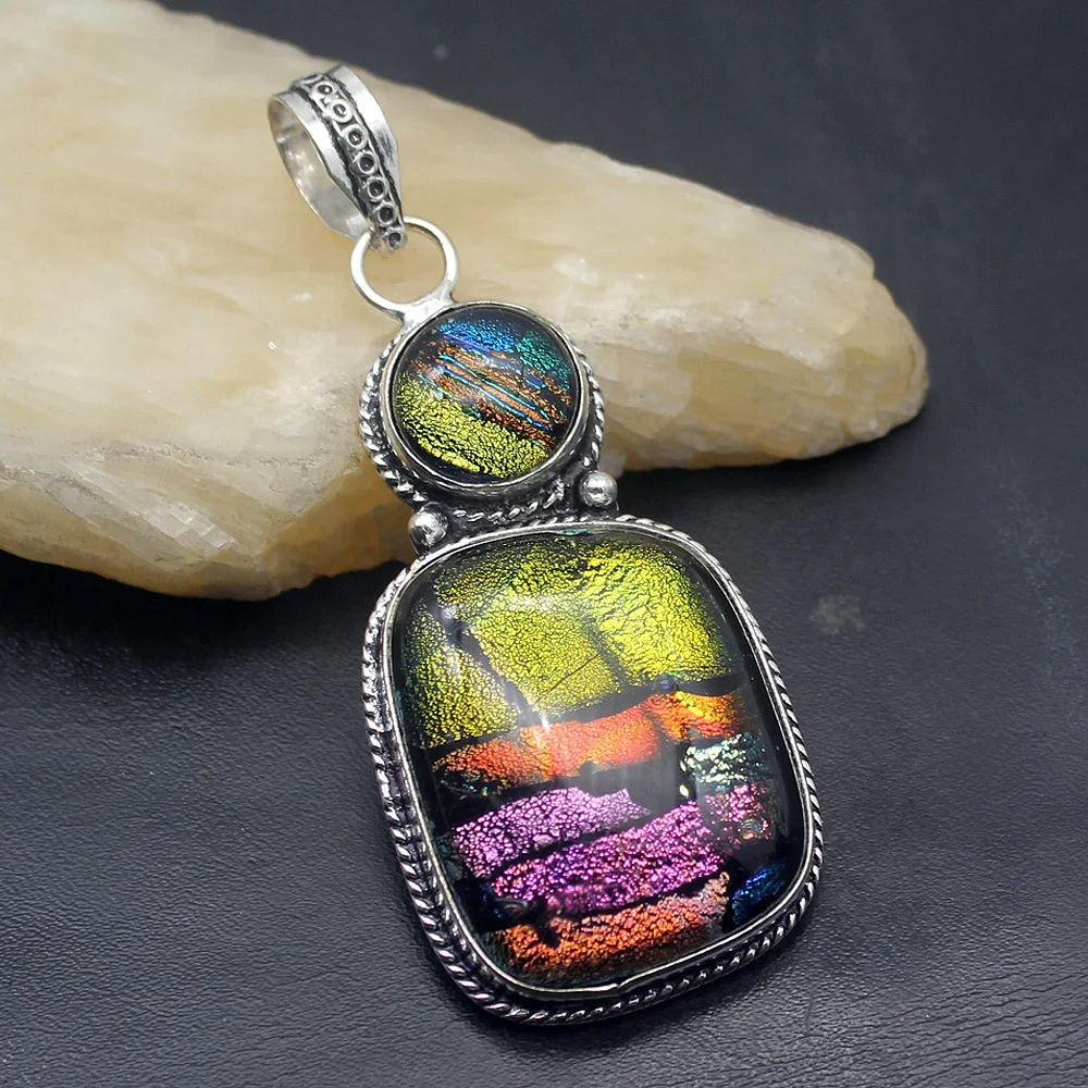 

Hermosa Jewelry Fashion Royal Rainbow Dichroic Glass Silver Color Pendant Necklace Charm Women Men Gifts 70cm DH10