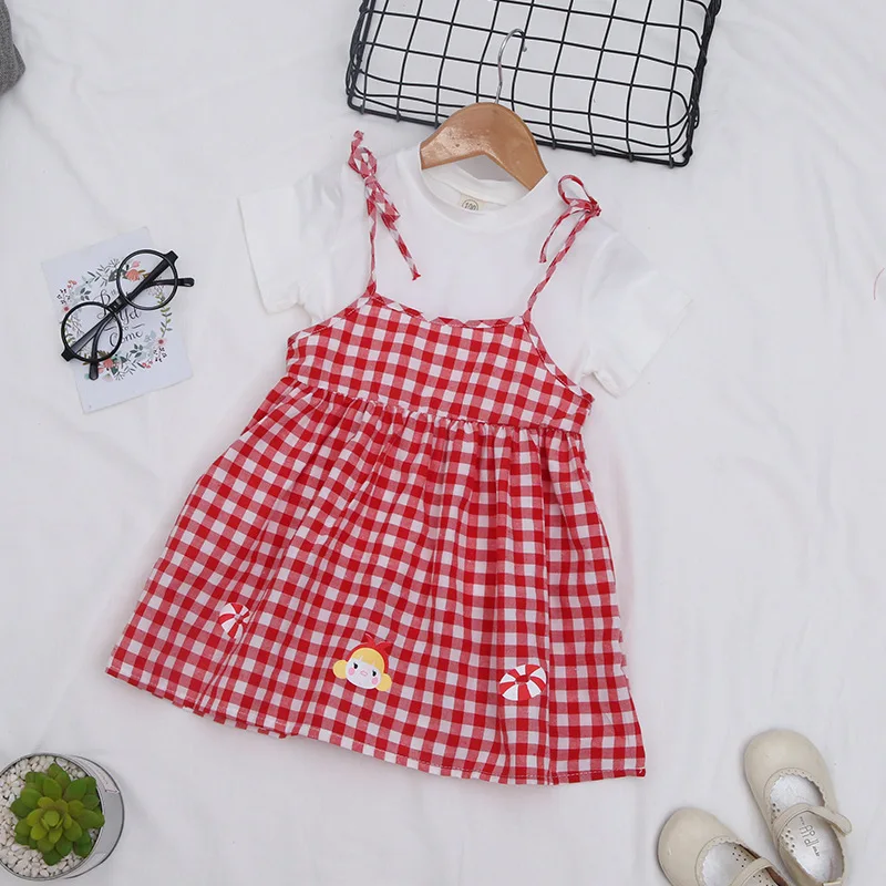 Thunderers Summer Girl Clothing Set White Shirt With Red Plaid Dress Embroidery Cartoon Cotton Toddler Baby Clothes Suit 3Y-7Y | Мать и
