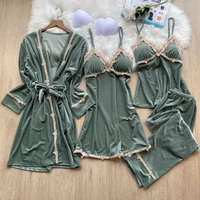 4 pieces winter gold velvet robe sets suit sexy lace sleepwear warm dressing gown sleeveless femme thicken home clothes pyjama