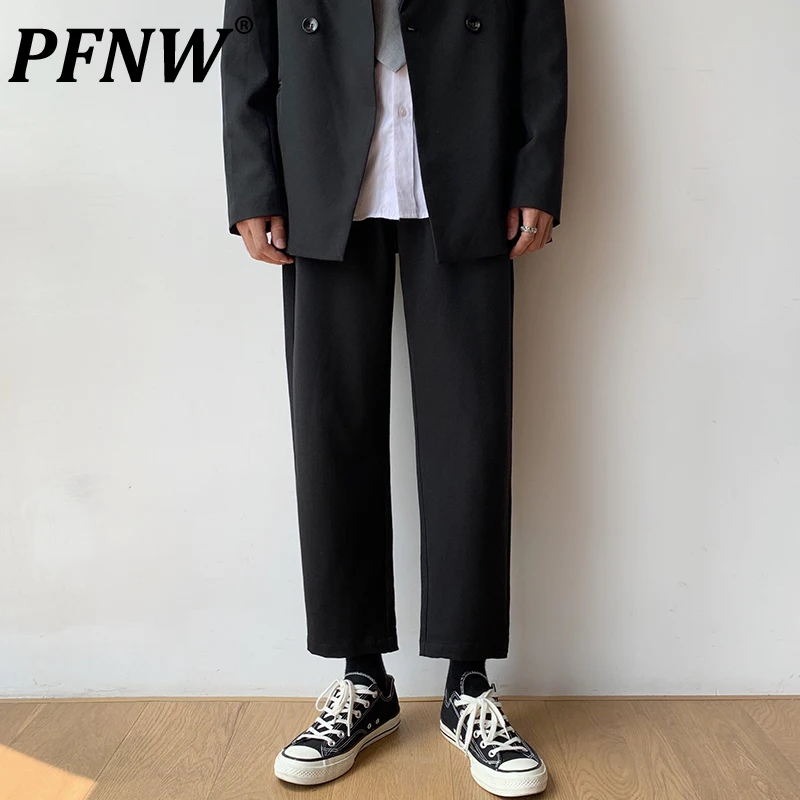

PFNW Men's Clothes Spring Autumn Casual Loose Straight Cropped Wide Trousers British Fashion Male Casual Suit Pants Black 2X0719