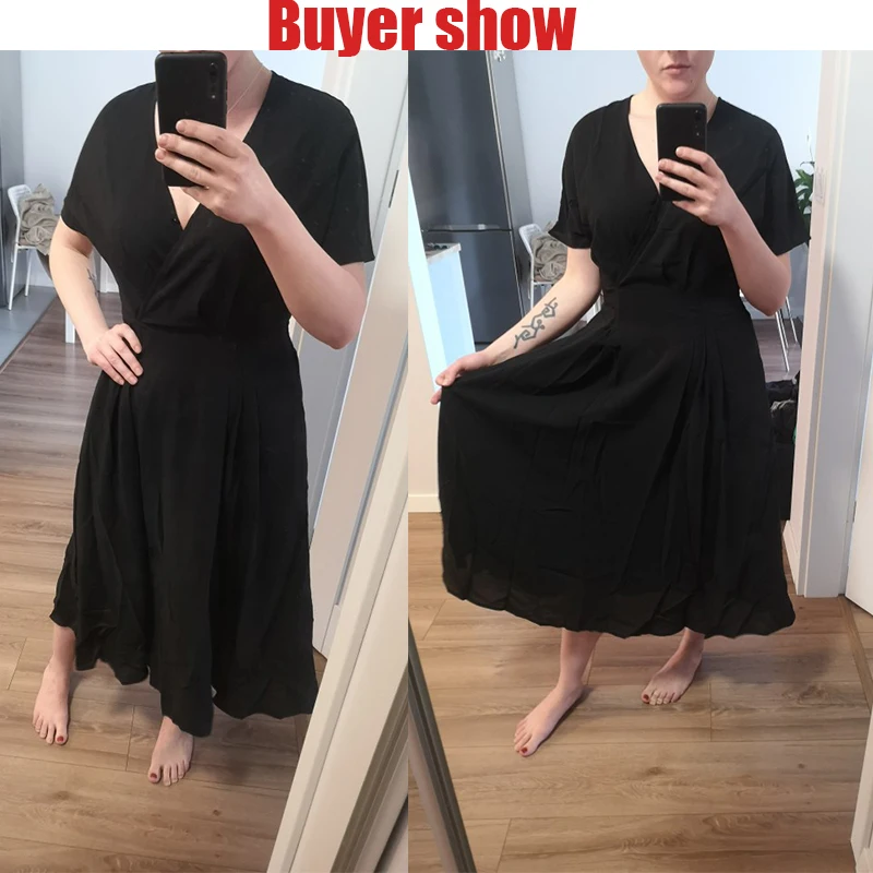 Женское платье средней длины с завышенной талией черное или белое однотонное