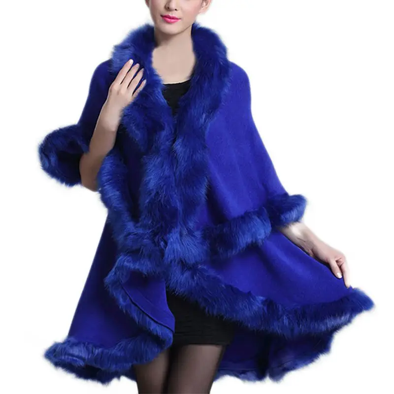 

Women Fashion Fine Knit Cape Ladies Open Front Faux Fur Trim Double Layers Poncho Cape Cardigan Sweater
