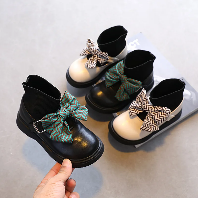 

Autumn 2021 New Socks Boots Knitted Middle Toddler Girls Bow Princess Leather Shoes Ankle Boots for Kids Baby Girls