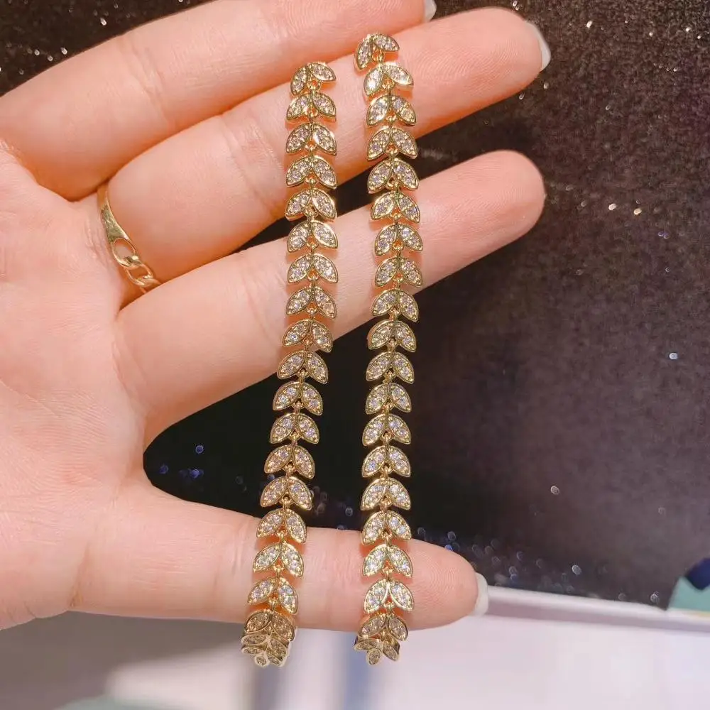 

95mm Super Long Wheat Olive Branch Leaf Cubic Zirconia Women Tassel Earring Brazil Style Drop Earring Brincos Bijoux Gifts E9540