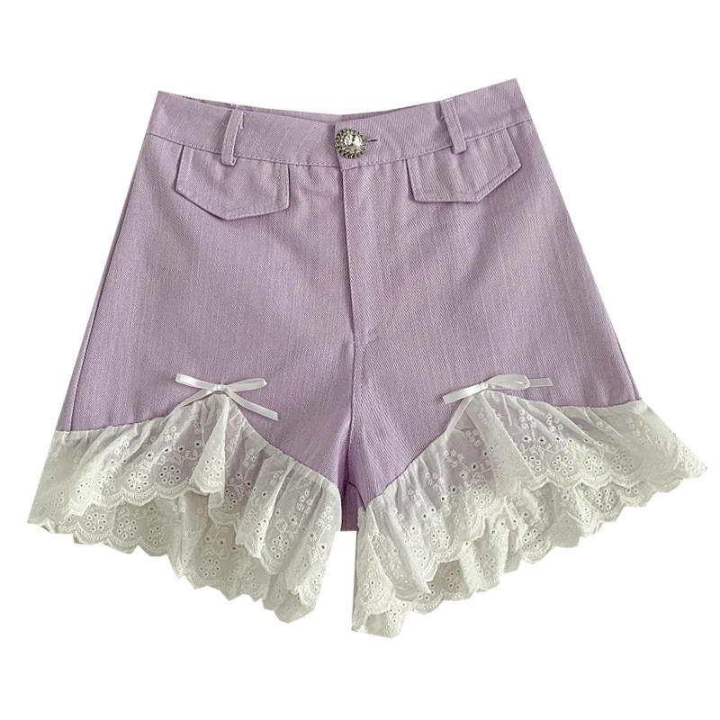 

2021 New Summer Sweet versatile solid Shorts bow Lace lace patchwork high waist casual wide leg Shorts