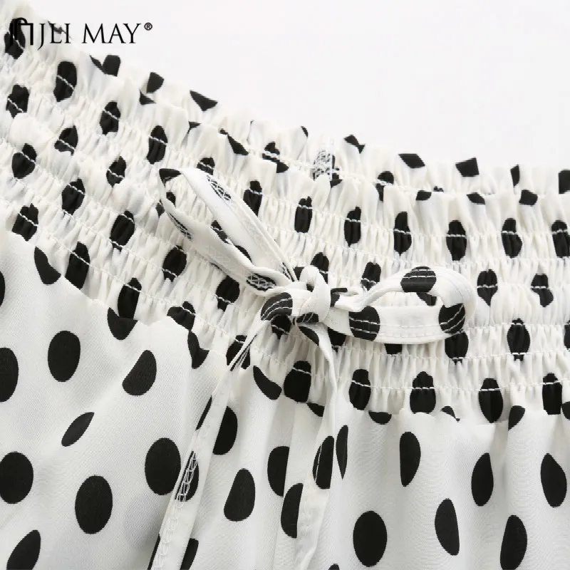 

JLI MAY Vintage Dot Women Pants Loose Drawstring Elastic High Waist Trousers Womens Summer Elegant Chiffon Wide Leg Pant