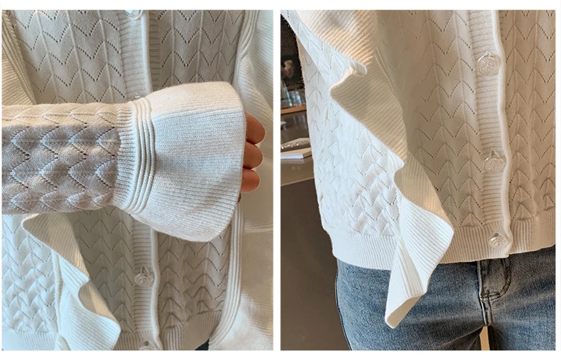 

Fashion Solid White Sweater Women 2020 Autumn New Korean Style V-neck Long-Sleeve Knitwear Sweater Ruffle Bottoming Shirt 683F