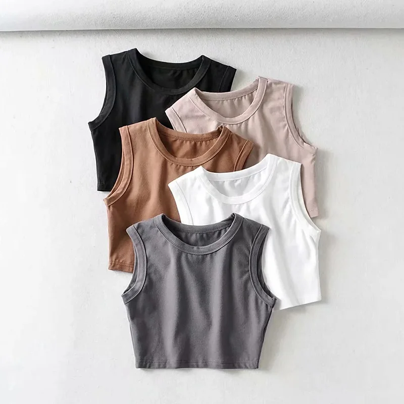

sexy women summer t shirt crop tops sleeveless short cotton o collar bar slim exposed navel sports casual tank tops female S M L