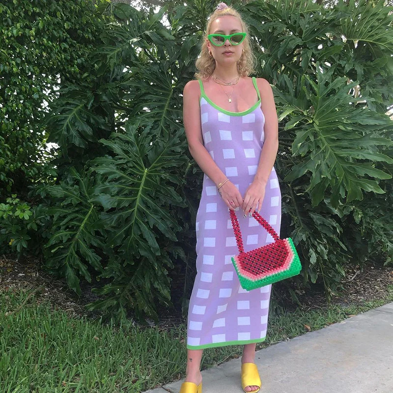 Женские летние облегающие платья в клетку с принтом Харадзюку на бретелях