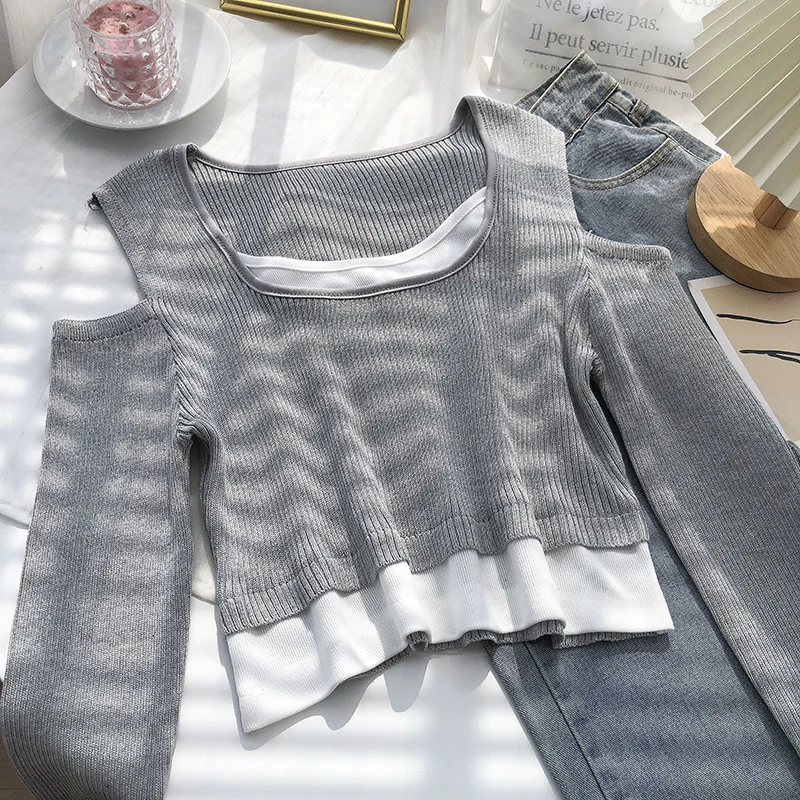 

Fake two piece stitching strapless short long sleeve pullover sweater women spring Korean version