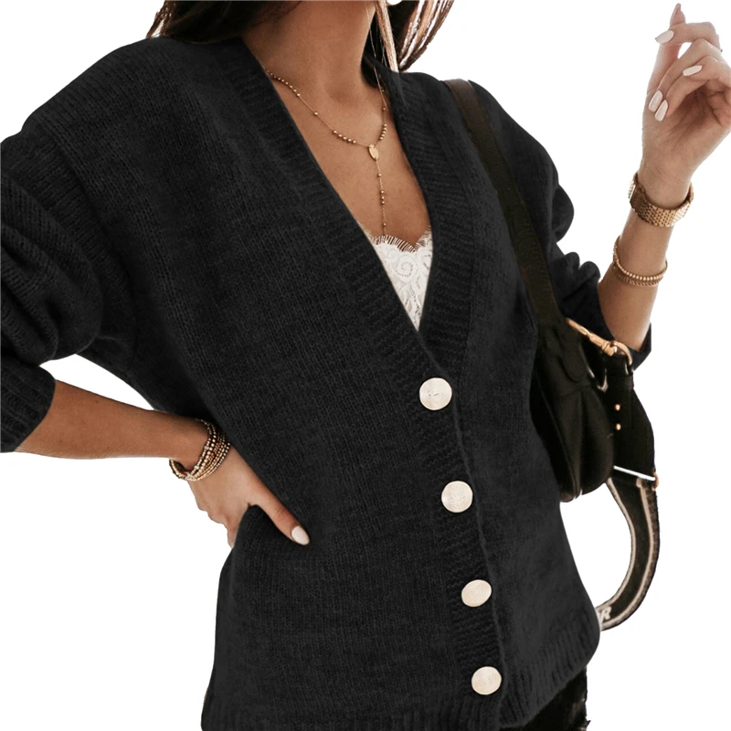 

2021 Autumn Women Sweaters Knitted V Neck Loose Single Breasted Jacket Coat Fashion Solid Color Tops Female Cardigans Outerwear