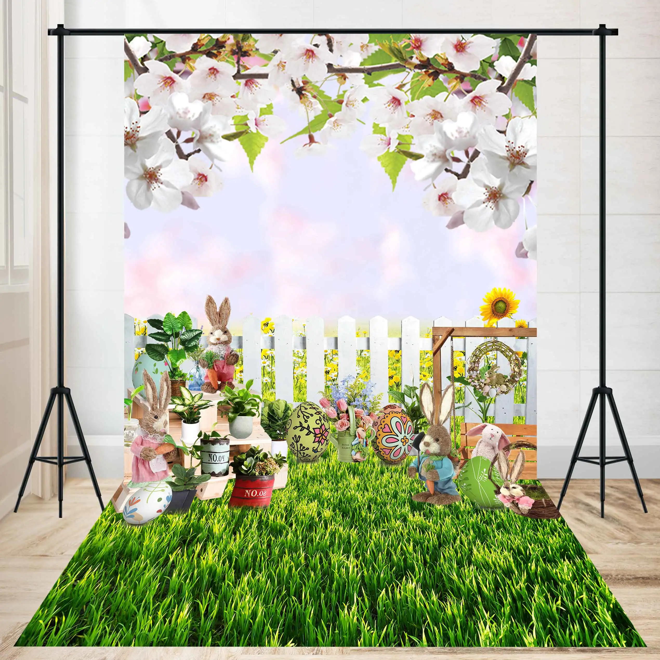 

Child Photo Photography Party Backgrounds Spring Easter Day Flower Stand Swing Grass Baby Backdrop Fence Eggs Oriental Cherry