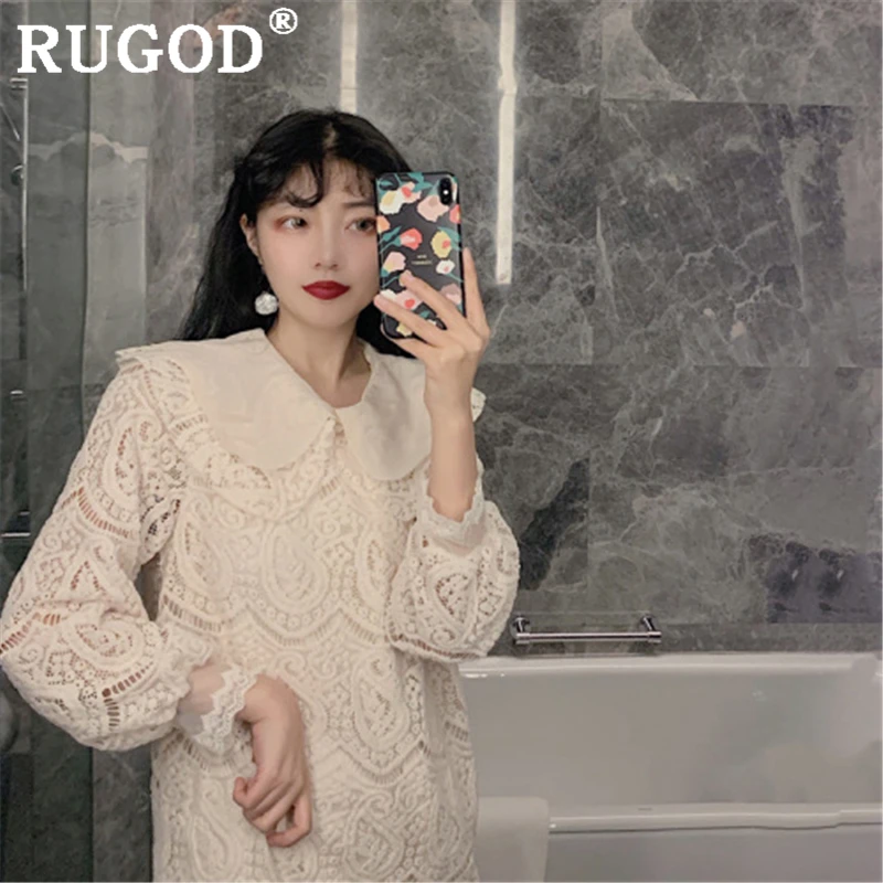RUGOD элегантное однотонное женское платье с вырезом модное кружевное воротником в