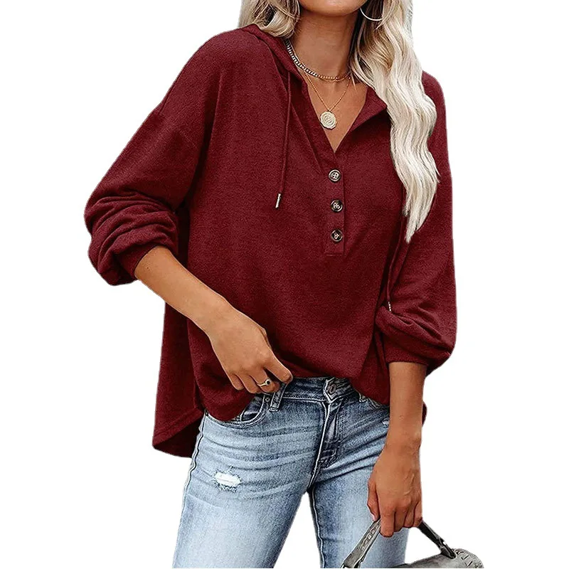 

2021 European and American foreign trade women's loose V-neck long-sleeved sweater buttoned sports hoodie