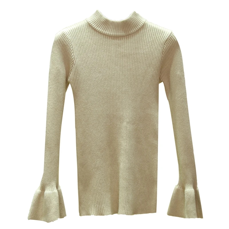 2020 Autumn Winter New Slim Trumpet Sleeve Solid Color Quality Pullover Sweater Womens Half Turtleneck Knitted Women | Женская одежда