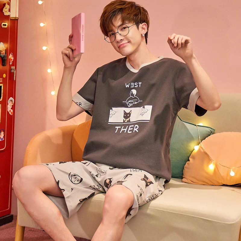 

Cute Anime Manga Printed Nightwear Male Pajamas Summer Cotton Pajamas Leisure Short Sleeve Sleepwear With Pocket Shorts For Men