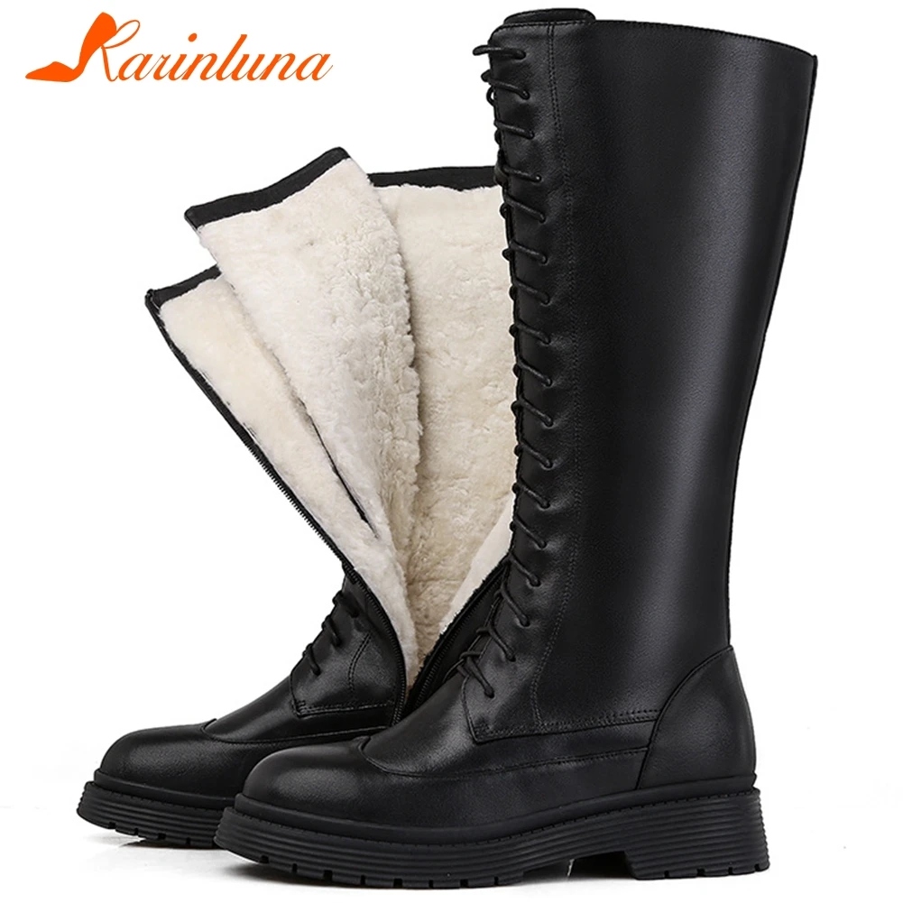 

KARINLUNA Winter New Female Winter Warm Wool Boots Genuine Leather Platform Chunky Heels Street Women Boots Plush Women Shoes