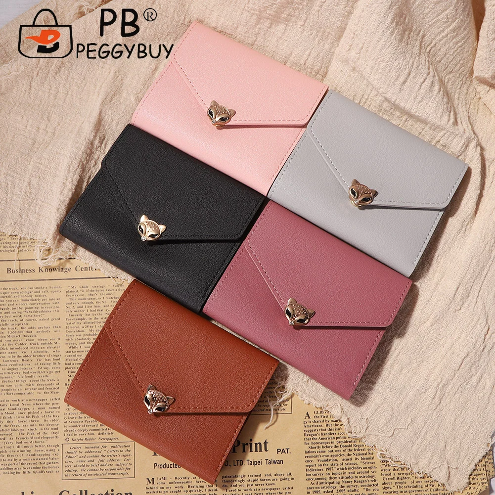 Women Fashion Simple Trifold PU Leather Short Wallet Portable Solid Color Business Card Holder Casual Fox Shape Hasp Coin Purse