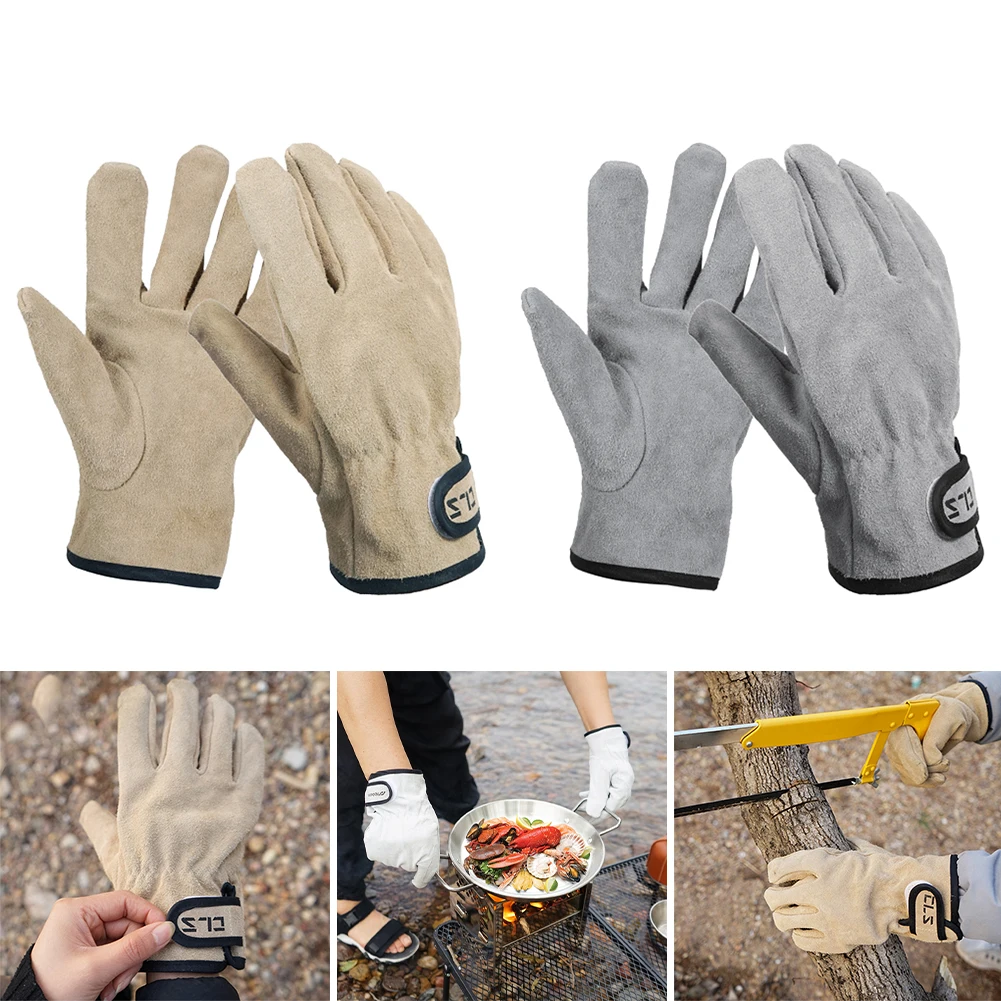 

BBQ Gloves Cowhide Leather Gloves Heat Fire Resistant Mittens Outdoor Warm Gloves For Baking Forge BBQ Oven Fireplace Camping