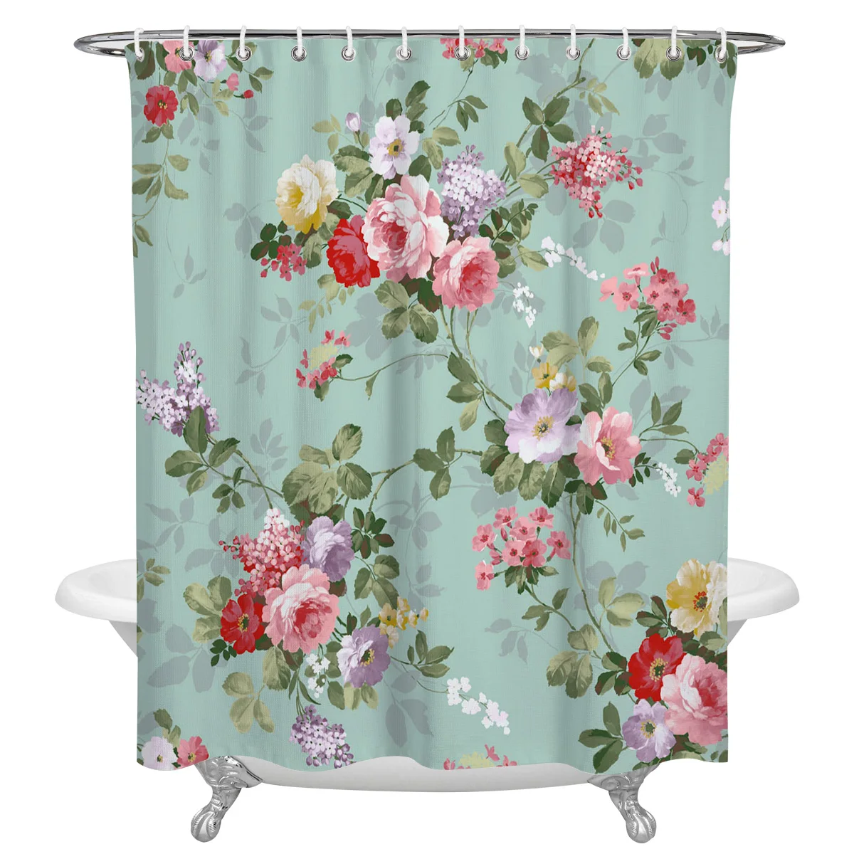 

Pink Flowers Leaves Pattern Plant Shower Curtain Waterproof Polyester Fabric Shower Curtains Home Decoration Curtain with Hook