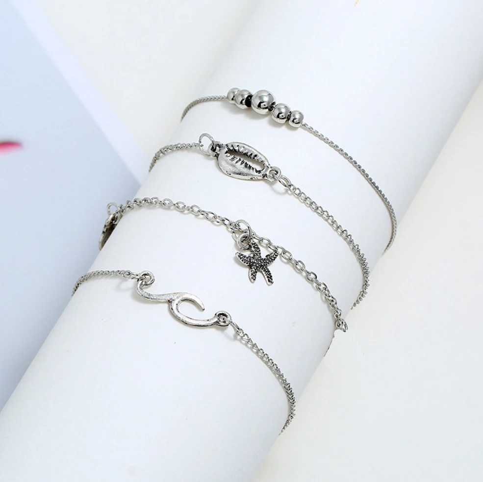 Набор ножных браслетов 4 слоя 3 шт./набор сплав Морская звезда морская волна