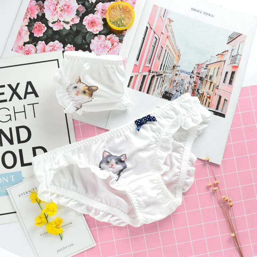 SP& CITY женское нижнее белье с милым рисунком кота из мультфильма для женщин, сексуальные трусики, бесшовные трусы с оборками по бокам, молочное шелковое кружевное белье