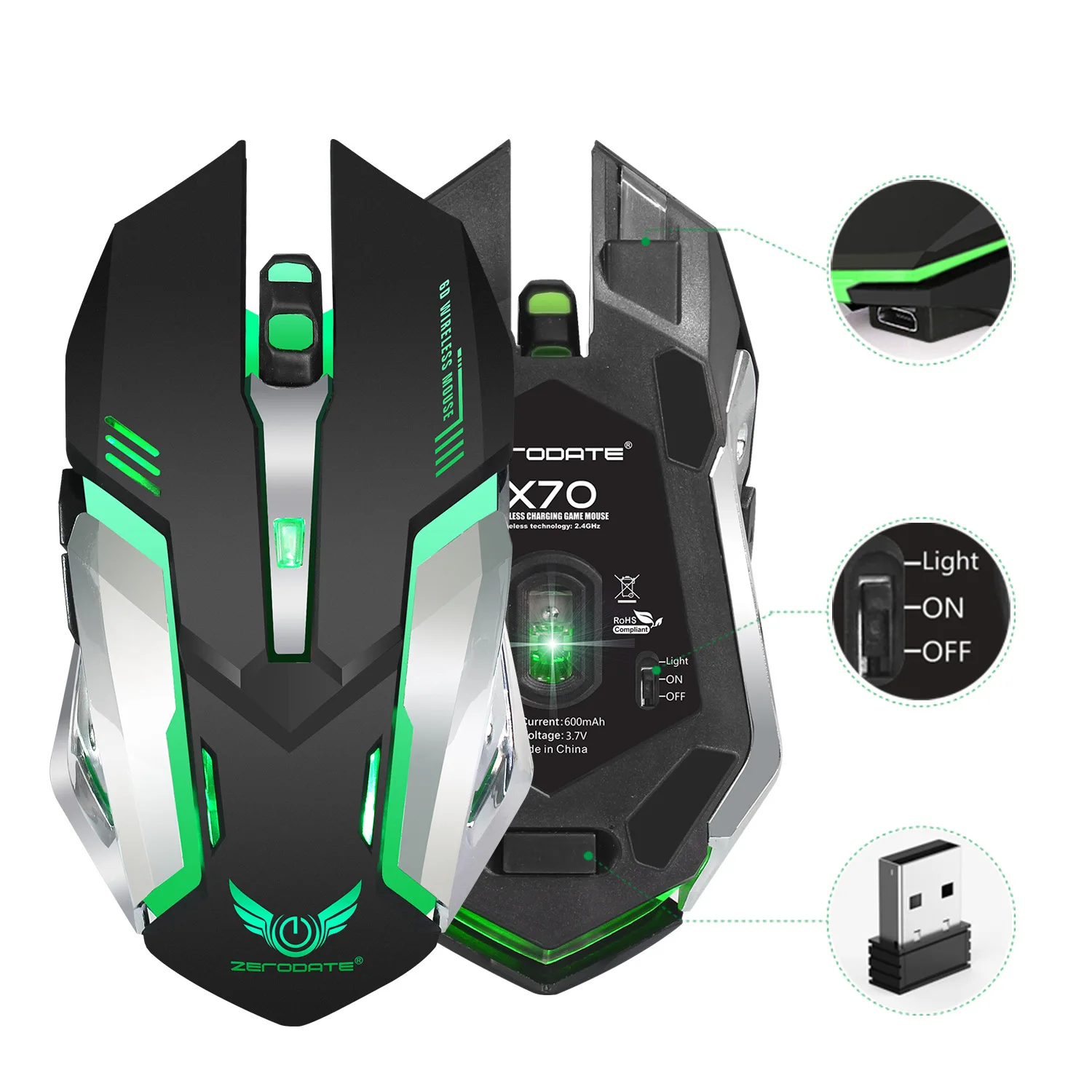 X70 красочная блестящая игровая мышь 2,4G заряжаемая беспроводная мышь встроенный 600 Miliamps Прямая от производителя в настоящее время Av