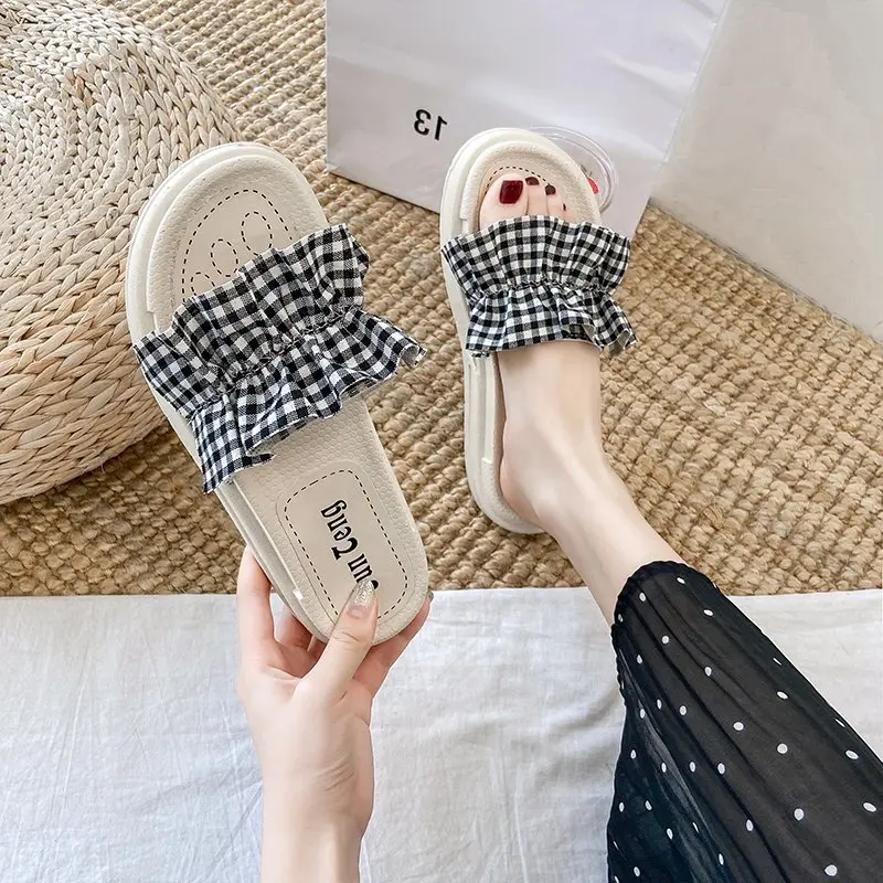

House Slippers Platform Flat Shoes Female Slipers Women Low Luxury Slides 2021 Summer Soft Designer Cotton Fabric Rubber Bonded